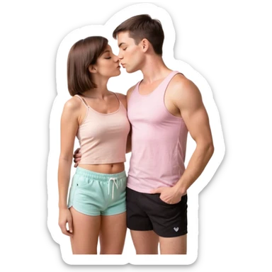 A couple, mid-20s, standing close and kissing. Man: short brown hair, clean-shaven, wearing a plain pastel pink t-shirt and dark shorts. His left arm is wrapped around the woman’s waist. Woman: long straight brown hair, wearing a black sleeveless glittery top with thin straps and a black skirt.  sticker