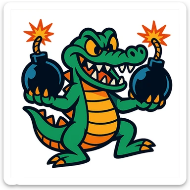 a crocodile holding cartoon bombs, mischievous expression, comic style, vibrant colors, energetic, fun illustration sticker