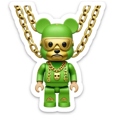 classic bearbrick figure with lime green mask covered in chaotic brand logos, wearing several large gold chains, gold pendant, rapper style accessories, expressive eyebrows sticker