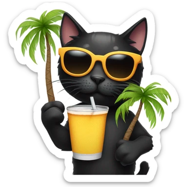 Black cat with sunglasses, drink in hand, and next to a palm tree sticker