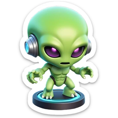 Clash of Clans aesthetic: Cinematic Playful 3D Isometric Alien Emoji, rendered in a 3D vector-style similar to standard emojis with minimal shading and bold, simplified shapes. A compact, distinct form with signature details, softly glowing with a futuristic sci-fi warfare charm. Simplified yet unmistakably iconic, highly detailed and consistent, glowing with a soft radiance and high shine. Stylized with a touch of high-tech brilliance and a soft glowing outline, capturing the essence of a beloved gaming relic with a friendly, playful manner! sticker