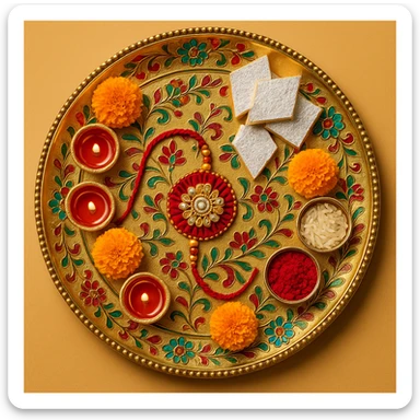 A rakhi thali with intricate floral patterns, colorful embellishments, and festive elements sticker