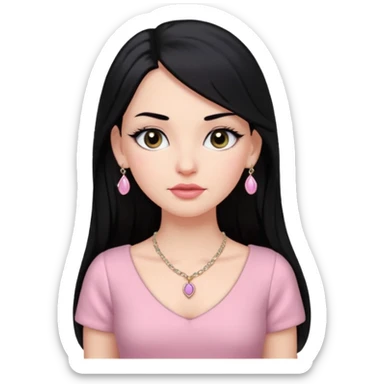 Menina branca ,cabelos pretos longos, olhos pretos puxados para cima. Cílios longos, lábios grossos ,nariz pequeno ,vestido rosa claro de alça. Colar e brinco bem pequeno sticker