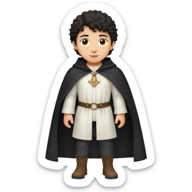 Apariencia: Joven de unos 25-30 años, atractivo,.
-Rostro: Ojos oscuros, piel ligeramente morena, rasgos árabes finos.
-Cabello: Negro, rizado corto, viste como cristiano (camisa blanca, capa corta, colores sobrios). Que salga de cuerpo completo sticker