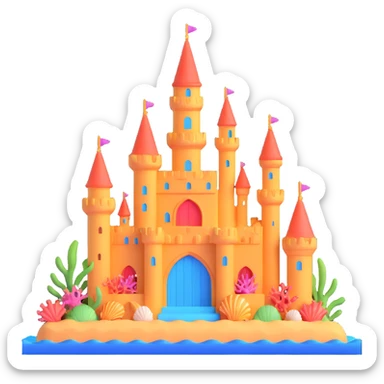 Ariel's underwater castle from The Little Mermaid, golden spires, colorful coral, seashell architecture, bubbles sticker