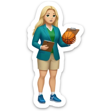 Full Body white plus size female basketball head coach using a clipboard with long blonde hair in a blue and green suit sticker