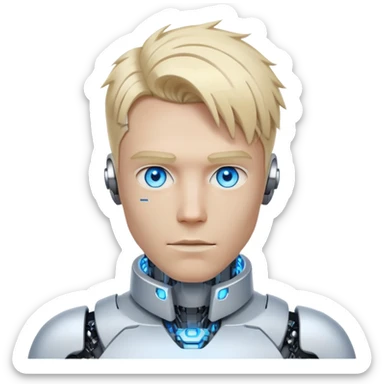 Cyborg male with tousled straight blond hair, partly mechanical face, glowing eyes, white tech collar sticker