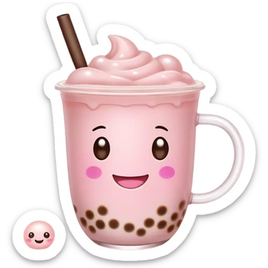 Cute Kawaii Boba Tea Cup, with a happy smiling face, chubby round shape, pastel pink and brown colors, soft glowing highlights, adorable tapioca pearls floating inside, sparkling eyes full of joy! sticker