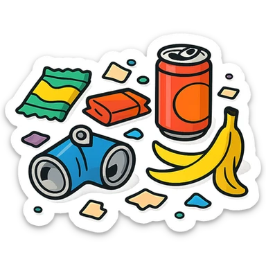 trash on the floor, cartoon style sticker