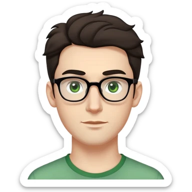 young man with pale skin, wider face, larger ears, bigger nose, thick dark eyebrows, dark tall voluminous slightly wavy hair styled up high on head but not curly, wearing glasses with green eyes and very light stubble, with a slight smile sticker