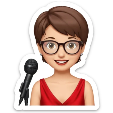 singer, Old, brown short hair, holding mic, red dress, glasses sticker