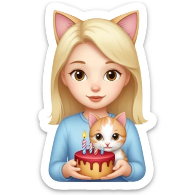 Beautiful girl celebrates birthday with kitten sticker