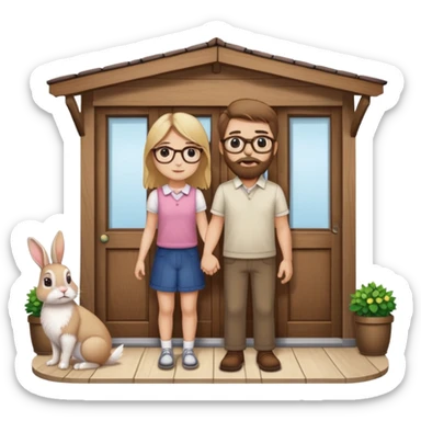Glasses wearing brown haired bearded man with a blond girl holding a rabbit with a front door behind them sticker
