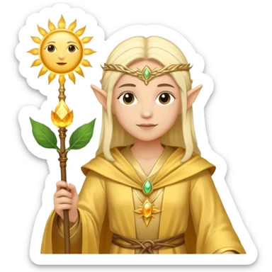 {
      "type": "human",
      "look": "light elf healer, golden robe, staff with leaf and sun motif",
      "description": "a light elf healer wearing a golden robe and holding a staff with leaf and sun symbols"
    } sticker