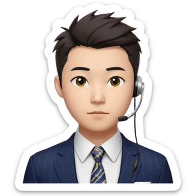 gay young Asian man with light skin, short dark hair styled upward with a sharp spiked swoop in front, slightly narrowed almond-shaped eyes with a confident, knowing squint, very squinty a clean-shaven face, and a sleek single-ear headset, wearing a dark pinstripe suit with a patterned shirt tie sticker