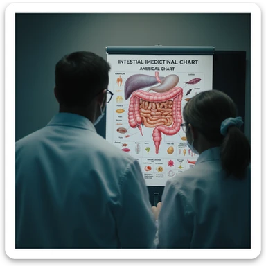 realistic cinematic photo from behind of two doctors in white coats, studying a large medical chart with detailed intestinal parasites, dramatic clinical lighting, 2:3 aspect ratio sticker