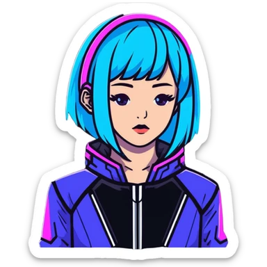 Cyberpunk Japanese girl with neon blue wig, futuristic holographic jacket, digital glitches effect, dark background with purple neon glow, iOS app icon style sticker