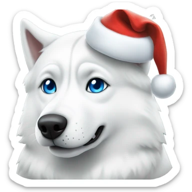 All white husky with blue eyes and a Christmas hat sticker