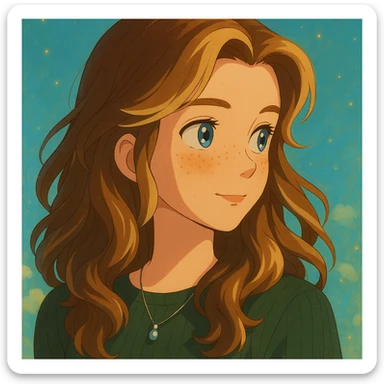 this image in ghibli style, inspired by Disney fairytales, soft magical lighting, dreamy atmosphere, delicate features, vibrant colors sticker