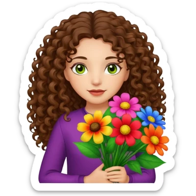 light skinned brunette long curly haired girl with green/hazel eyes holding big bright bunch of flowers. White background. sticker