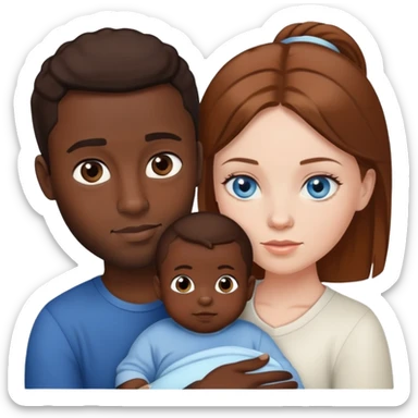 White woman with blue eyes and brown hair with black man and a baby boy sticker