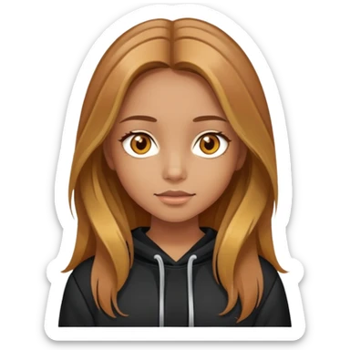 Girl with little bit of makeup and the eyes with like honey color and long light chestnut with highlights and little bit blonde hair in the tips of the hair, with a black sweatshirt sticker