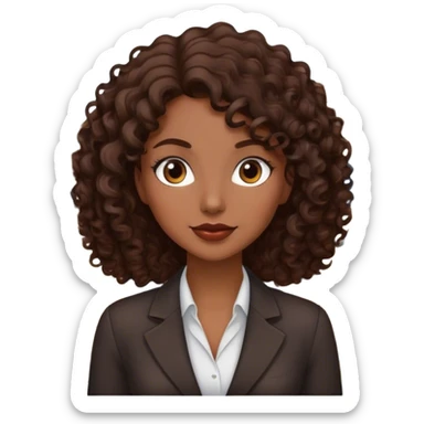 Dark brown lady with medium brown mid length curly hair in real estate job with house sticker