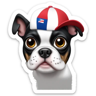 Boston terrier with a Puerto Rico baseball hat sticker