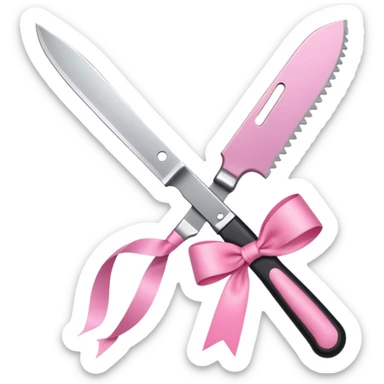 Only one object: a kitchen knife. A pink ribbon bow is tied directly on the knife handle. No other items. No decorations. Minimal emoji style sticker