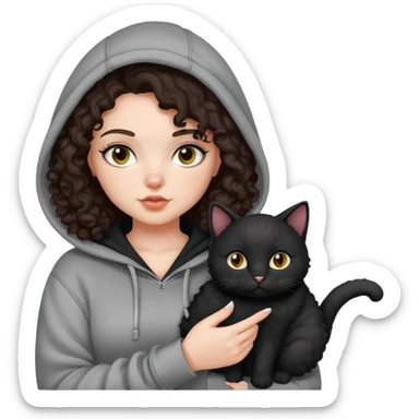 white skin curvy girl with dark brown curly hair in hoodie with black cat on her hand sticker