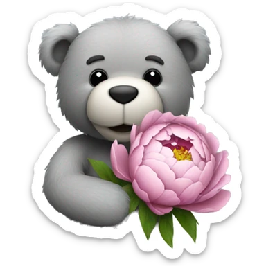 realistic-happy-teddy-grey-bear-hugging-peony sticker