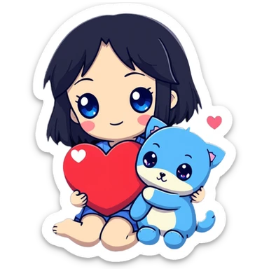anime girl with black hair and blue eyes cuddling with heart plushie with cute heart pupils really in love  sticker