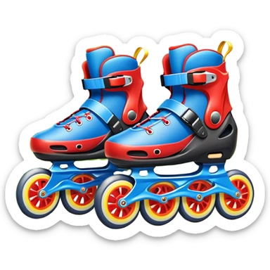 An icon featuring a pair of colorful rollerblades placed on a smooth path. The background showcases a picturesque park with lush greenery, blooming flowers, and a clear blue sky with soft clouds. The bright sunlight adds a cheerful touch to the scene. Transparent background sticker