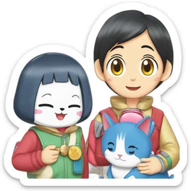 Doraemon and Dorami with a name tag of "Anjali" on Doraemon and "Aouf" on Dorami sticker