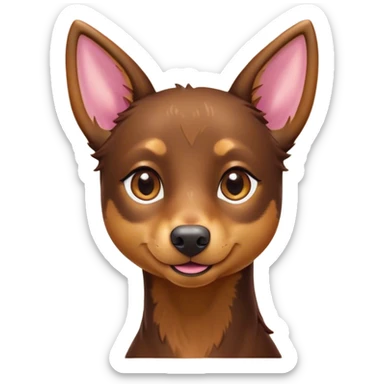 Cinematic Cute Brown and Tan Kelpie Portrait Emoji, Head tilted playfully and inquisitively, featuring a glossy brown Fur with vibrant tan accents, round, sparkling warm eyes filled with curiosity, Simplified yet irresistibly adorable features, highly detailed, glowing with a warm, friendly glow, high shine, affectionate and spirited, stylized with a touch of whimsy, bright and endearing, soft glowing outline, capturing the essence of a mischievous yet loving herder, so playful it feels like it could leap out of the screen and into your arms! sticker