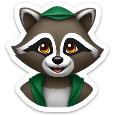 brown raccoon with orange eyes and a dark green hood that is laughing sticker