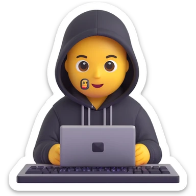 security engineer emoji, with a hoodie, typing on a keyboard, digital code in background sticker