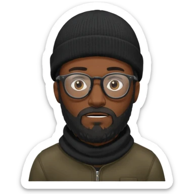 A dark-skinned man with a black beanie, glasses, and a full beard, giving him a thief-like appearance. sticker