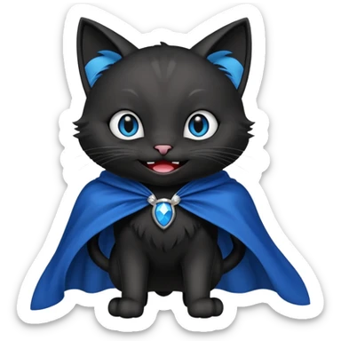 an all black anthropomorphic cat with blue eyes wears an all black cape and is smiling a mischievous sharp tooth grin sticker