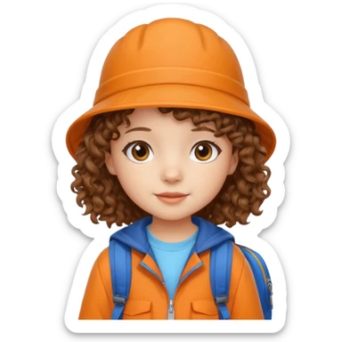 A little girl student curly brown hair, with beige bucket hat, orange jacket, blue backpack sticker