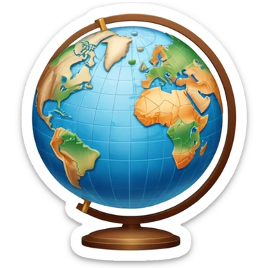 An icon featuring a globe, a compass, and topographic maps, symbolizing geography. The design includes mountain ranges, rivers, and coordinates, representing the study of Earth's physical features, climates, and environments. Transparent background highlights geographic research and exploration. sticker