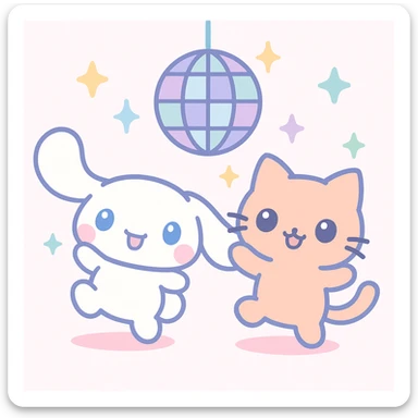 Cinnamoroll and a cat at a disco party, kawaii style, disco ball, energetic poses, vibrant colors sticker