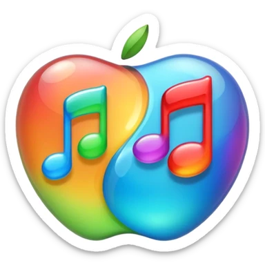 fusion of two symbols in Apple emoji style: one bubble containing fast forward arrows (skip song) and another bubble containing a musical note, both bubbles connected, vibrant colors, technology and dynamism vibe sticker