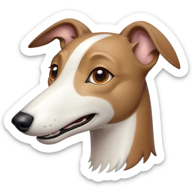 Cinematic Comical White and Brown Greyhound Portrait Emoji, Head tilted dramatically with an exaggeratedly amused expression, featuring a striking white Fur with dynamic brown accents, wide, expressive eyes filled with playful disbelief, Simplified yet hilariously expressive features, highly detailed, glowing with a slightly sassy glow, high shine, dramatic yet playful, stylized with an air of cheeky mischief, bright and endearing, soft glowing outline, capturing the essence of a spirited and over-the-top racer, so meme-worthy it feels like it could side-eye its way into internet fame instantly! sticker