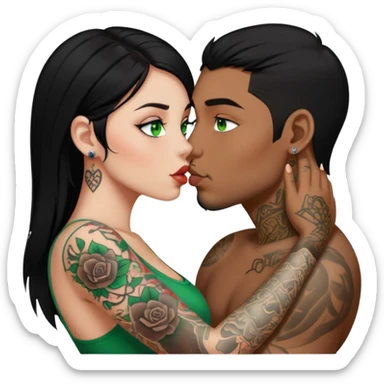 Girl with black hair and green eyes with tattoos kissing guy with dark brown hair sticker
