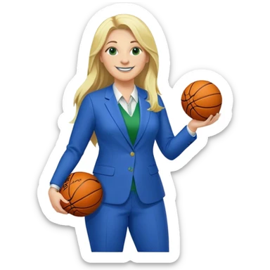 Full Body white plus size female with big nose basketball head coach using a clipboard with long blonde hair in a blue and green suit smiling with basketball and clipboard sticker