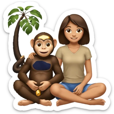 un chiomapnze sentado en el suelo al lado de una mujer sticker