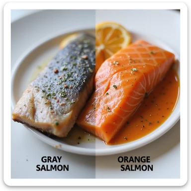 visual comparison infographic style: half image with gray salmon fillet, half with orange salmon fillet, captions 'Gray Salmon' and 'Orange Salmon', realistic style, 4K resolution sticker