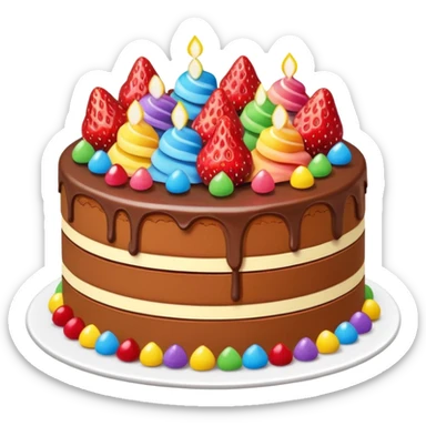 double-layer cake with fudge and strawberry, topped with strawberries and rainbow candy, in a cheerful emoji style sticker
