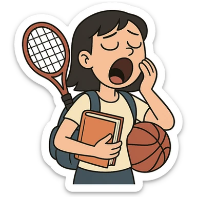 female student with black hair, yawning, holding a book and sports equipment, tired, flat toon style sticker
